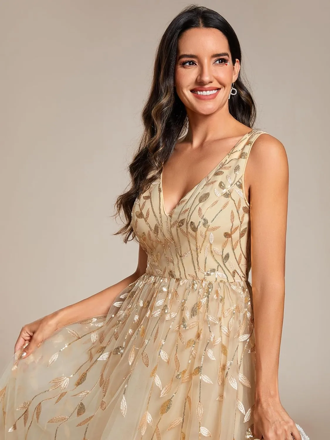 Ever-Pretty Women's A Line V Neck Open Back Sleeveless Ruched Sequin Knee Length Formal Dress 02106