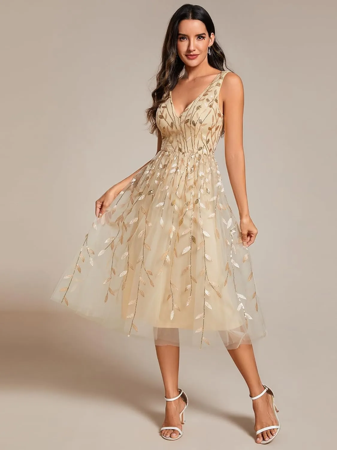 Ever-Pretty Women's A Line V Neck Open Back Sleeveless Ruched Sequin Knee Length Formal Dress 02106