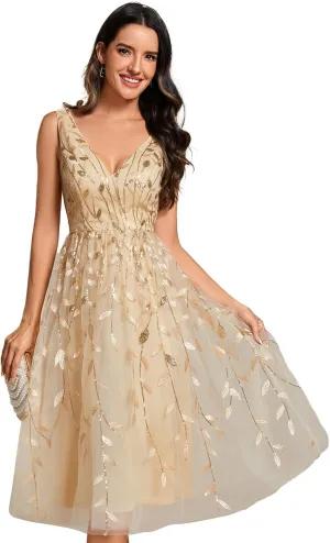 Ever-Pretty Women's A Line V Neck Open Back Sleeveless Ruched Sequin Knee Length Formal Dress 02106