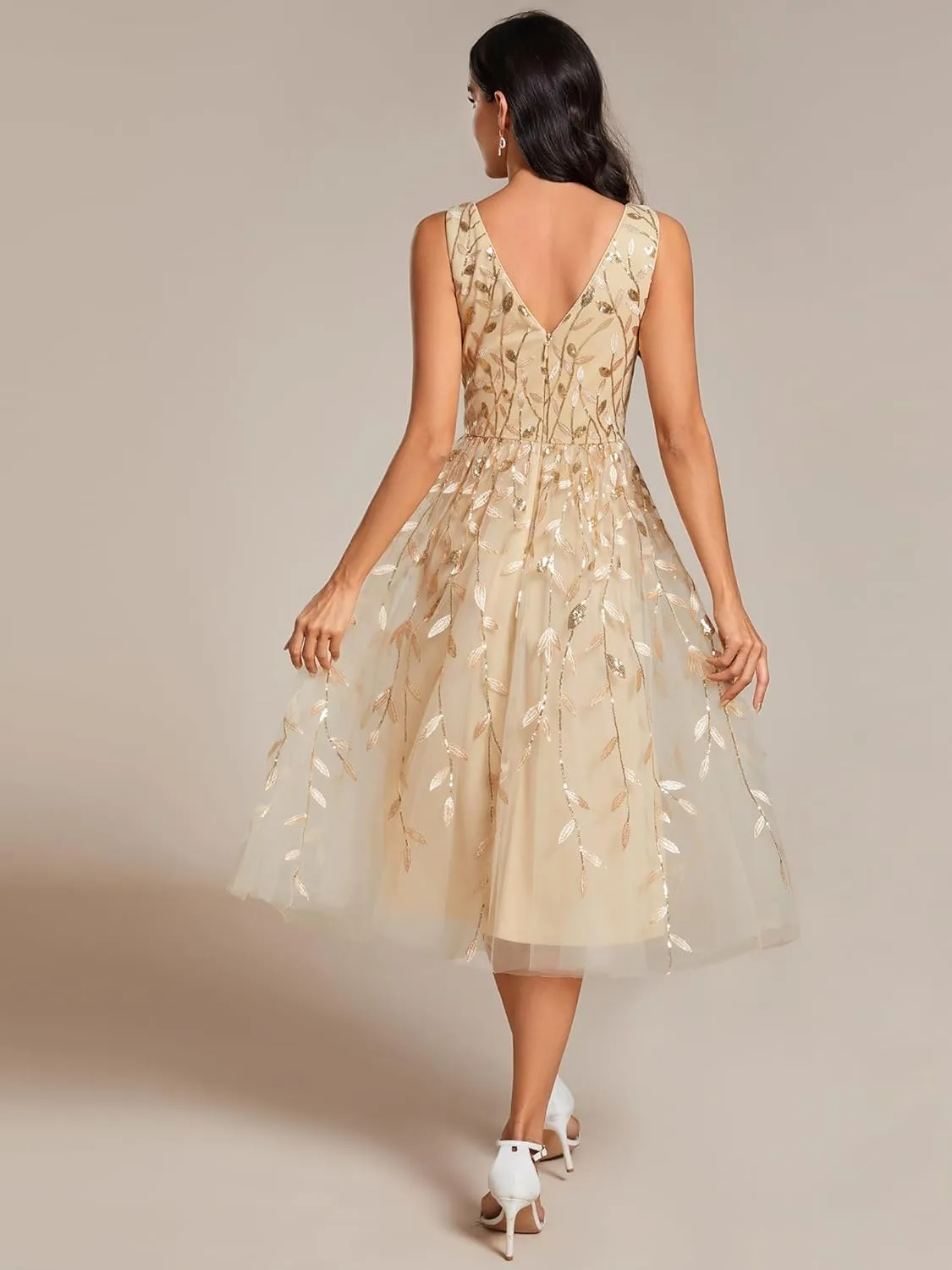 Ever-Pretty Women's A Line V Neck Open Back Sleeveless Ruched Sequin Knee Length Formal Dress 02106