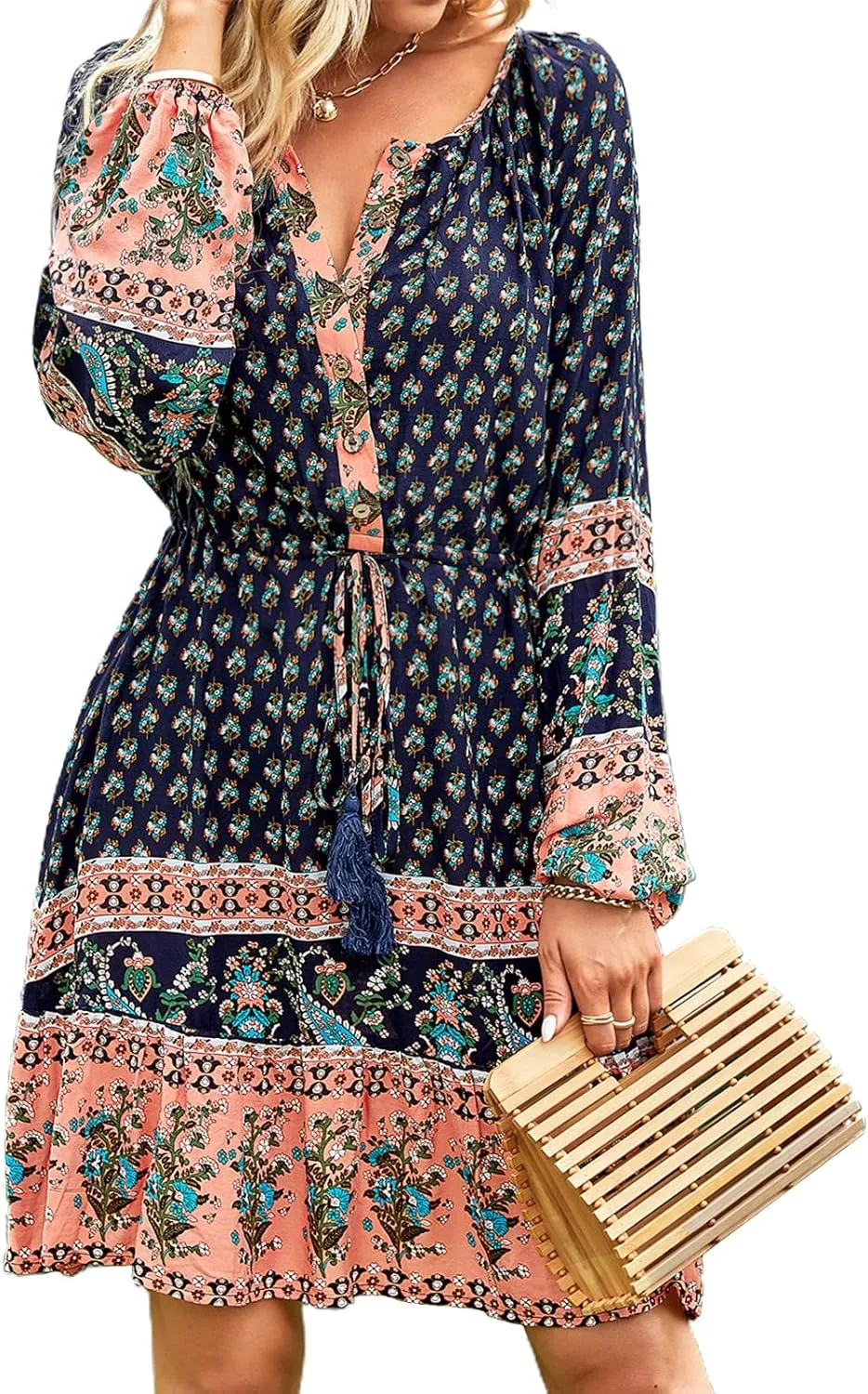 Fall Winter Boho Dresses for Women 2022 Mini Floral Retro Long Sleeve V Neck Tassel A-Line Ruffle Flowy Casual Beach Dress (Navy, M)