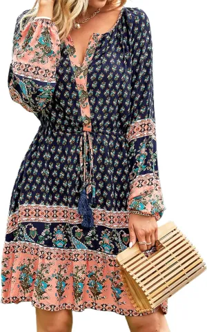 Fall Winter Boho Dresses for Women 2022 Mini Floral Retro Long Sleeve V Neck Tassel A-Line Ruffle Flowy Casual Beach Dress (Navy, M)