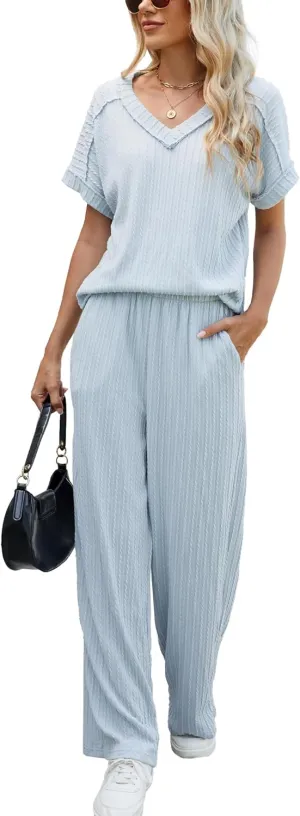 Famulily Womens Cable Knit Two Piece Lounge Set Matching with Short Sleeve V Neck Top and Wide Leg Pockets Long Pants