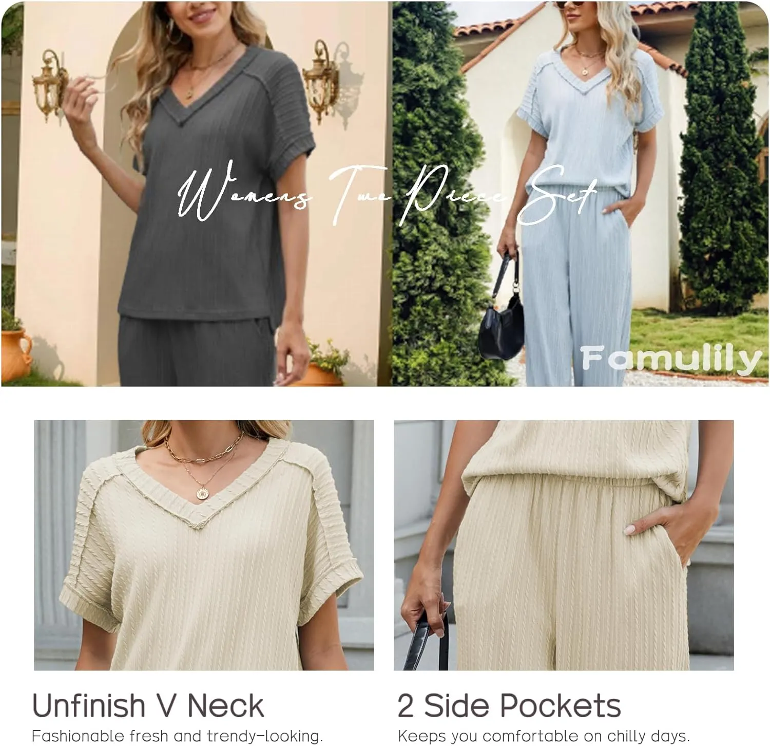 Famulily Womens Cable Knit Two Piece Lounge Set Matching with Short Sleeve V Neck Top and Wide Leg Pockets Long Pants