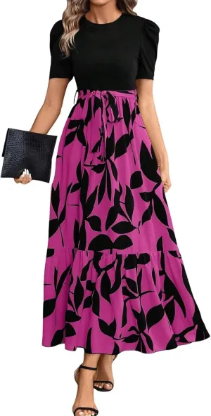 fanmpghleoo Summer Maxi Dresses for Women 2025 Short Sleeve Empire Waist Dress Flowy Beach Vacation Wrap A Line Midi Dresses