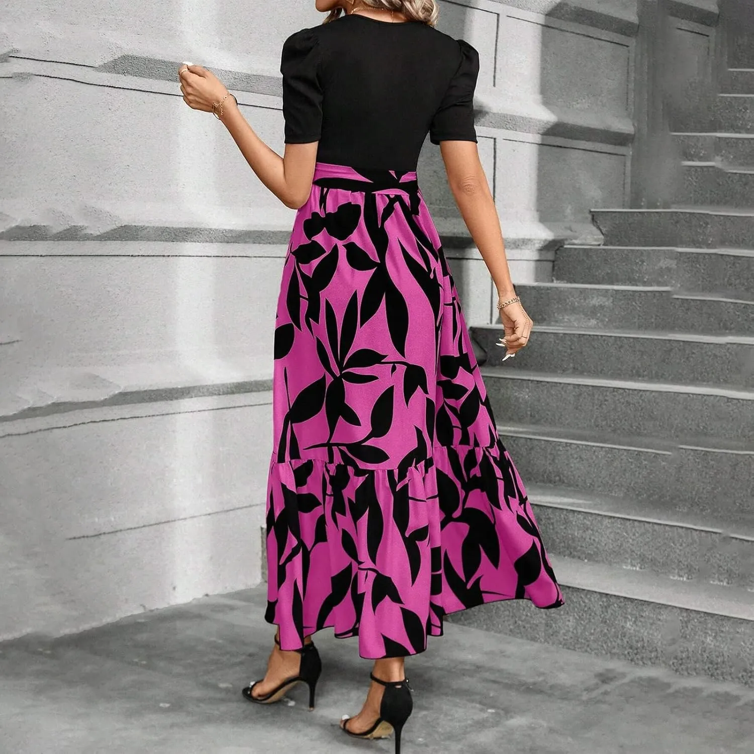 fanmpghleoo Summer Maxi Dresses for Women 2025 Short Sleeve Empire Waist Dress Flowy Beach Vacation Wrap A Line Midi Dresses