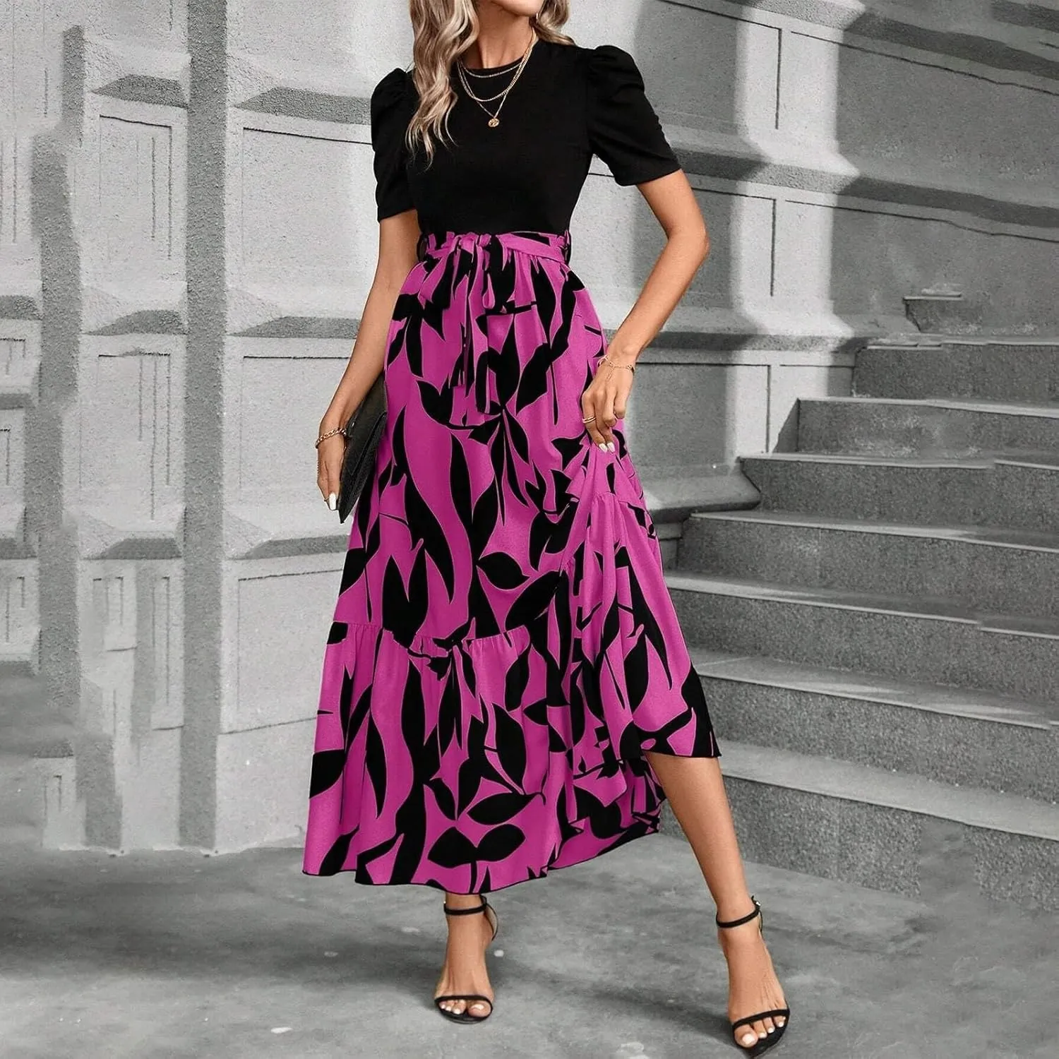 fanmpghleoo Summer Maxi Dresses for Women 2025 Short Sleeve Empire Waist Dress Flowy Beach Vacation Wrap A Line Midi Dresses