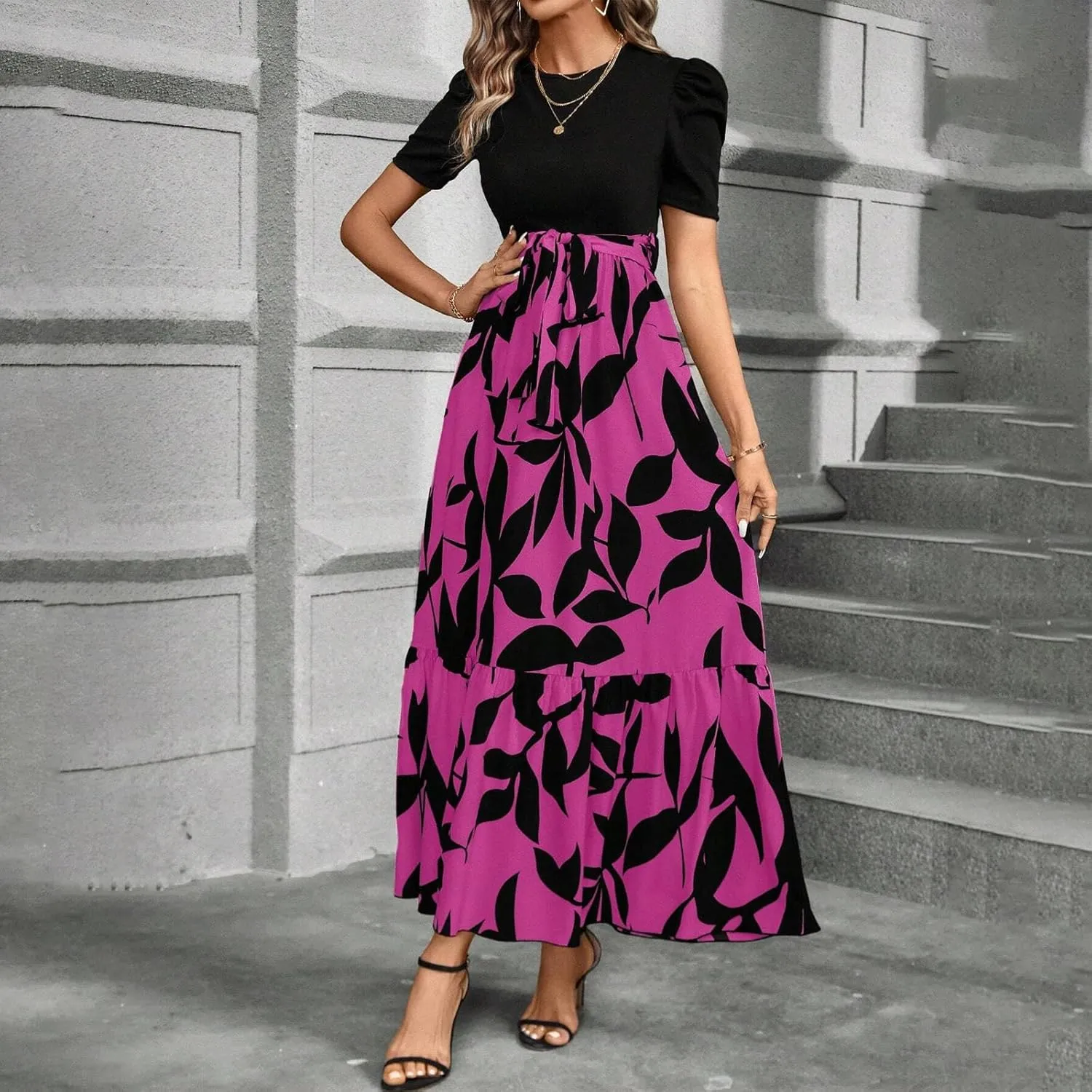 fanmpghleoo Summer Maxi Dresses for Women 2025 Short Sleeve Empire Waist Dress Flowy Beach Vacation Wrap A Line Midi Dresses