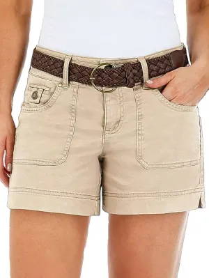 Flamingals Women's Mid Waist Solid Split Side Flap Pocket Casual Shorts