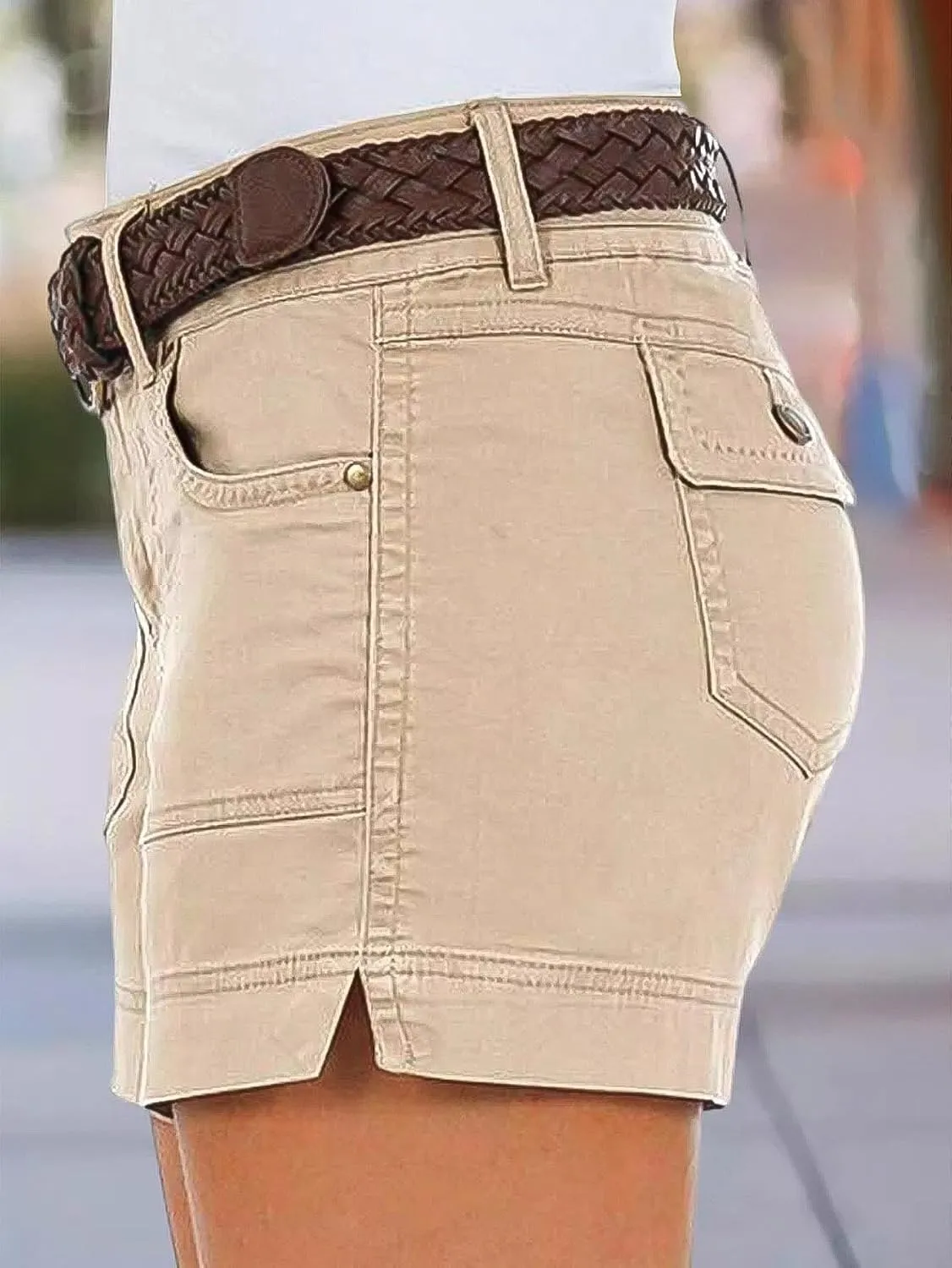Flamingals Women's Mid Waist Solid Split Side Flap Pocket Casual Shorts