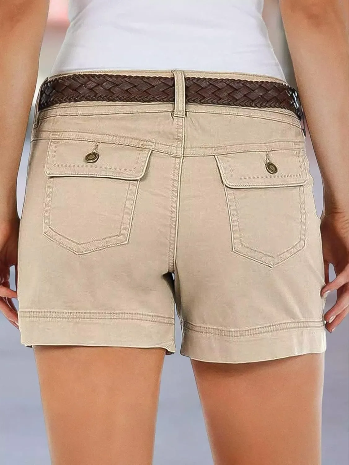Flamingals Women's Mid Waist Solid Split Side Flap Pocket Casual Shorts
