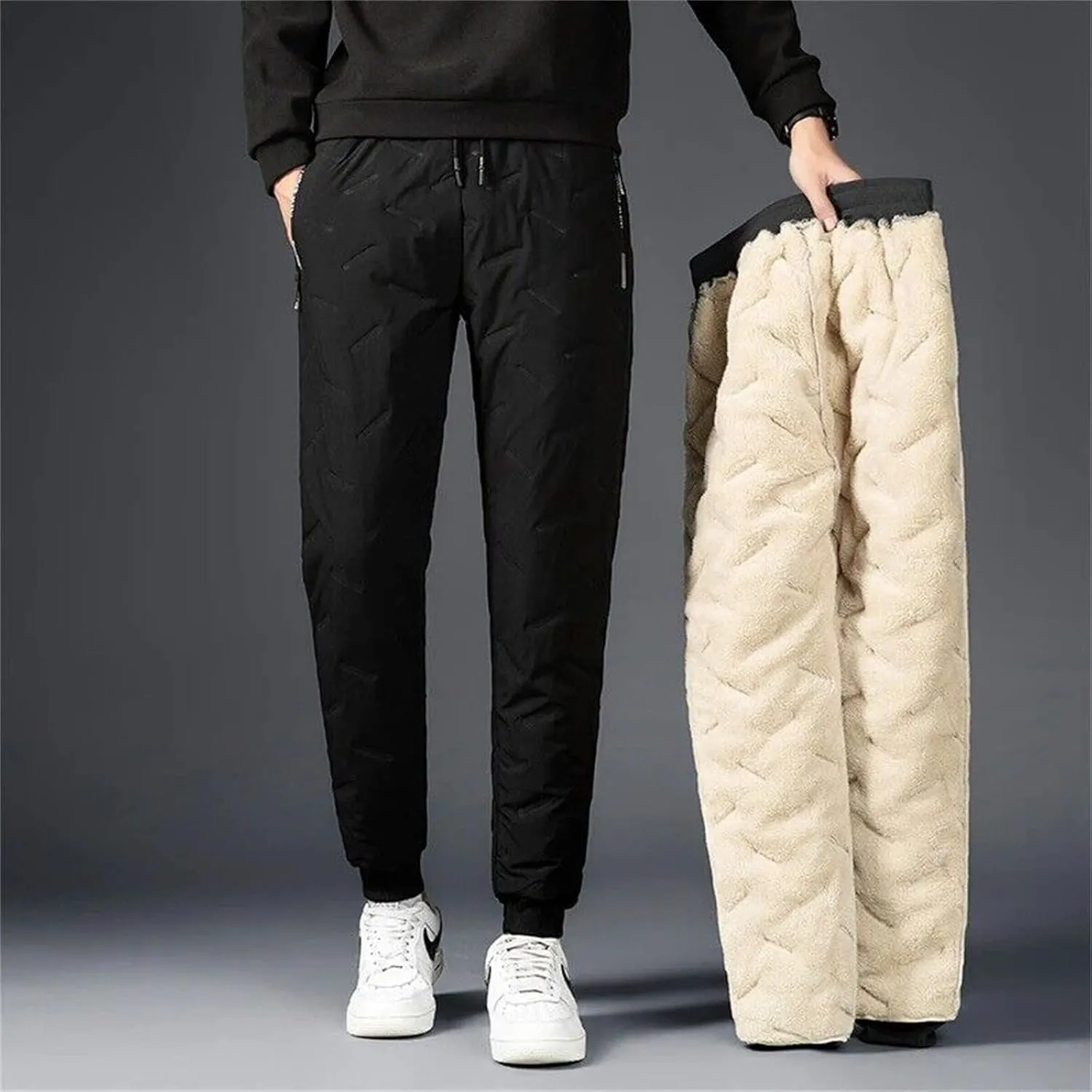 Fleece Lined Casual Pants for Men Elastic Waist Drawstring Comfy Tapered Trousers Plus Size Winter Jogging Pants with Pockets
