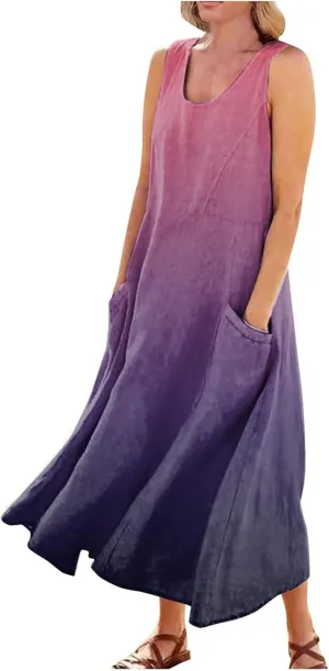 FlekmanArt Women Cotton and Linen Shirt Dress 2023 Summer U Neck Sleeveless Dress Gradient Casual Flowy Dress with Pocket