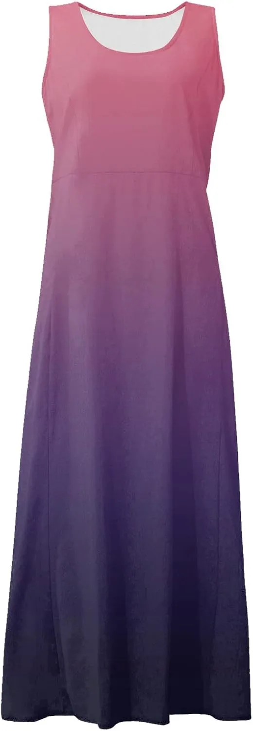 FlekmanArt Women Cotton and Linen Shirt Dress 2023 Summer U Neck Sleeveless Dress Gradient Casual Flowy Dress with Pocket