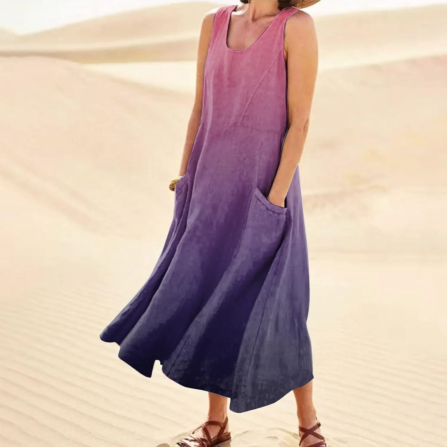 FlekmanArt Women Cotton and Linen Shirt Dress 2023 Summer U Neck Sleeveless Dress Gradient Casual Flowy Dress with Pocket