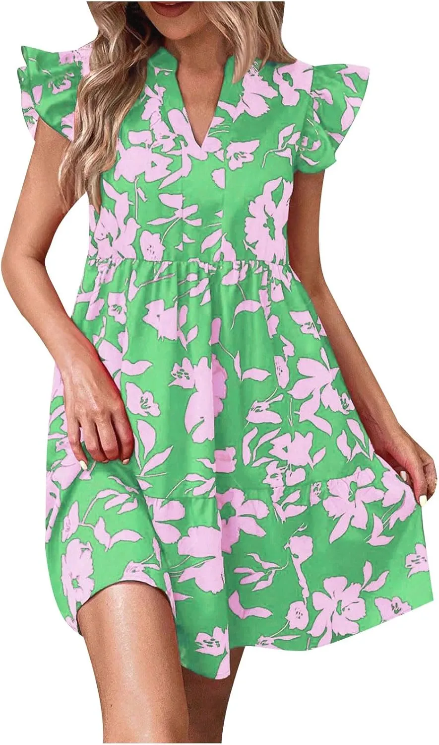 Floral Dresses for Women 2024 V Neck Ruffle Cap Sleeve Dress Trendy Babydoll Dress Smocked Short Dresses