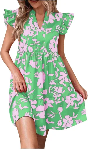 Floral Dresses for Women 2024 V Neck Ruffle Cap Sleeve Dress Trendy Babydoll Dress Smocked Short Dresses