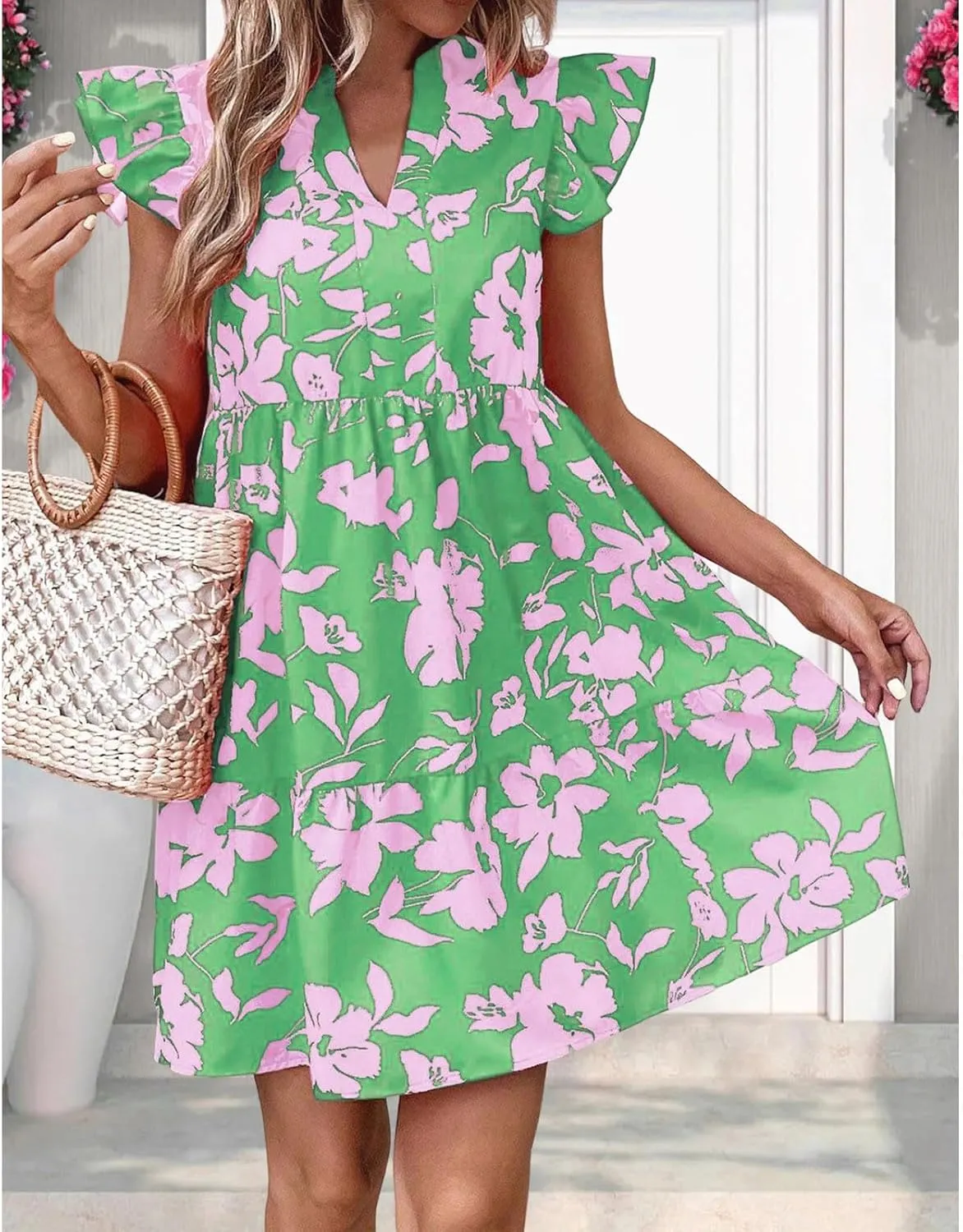 Floral Dresses for Women 2024 V Neck Ruffle Cap Sleeve Dress Trendy Babydoll Dress Smocked Short Dresses
