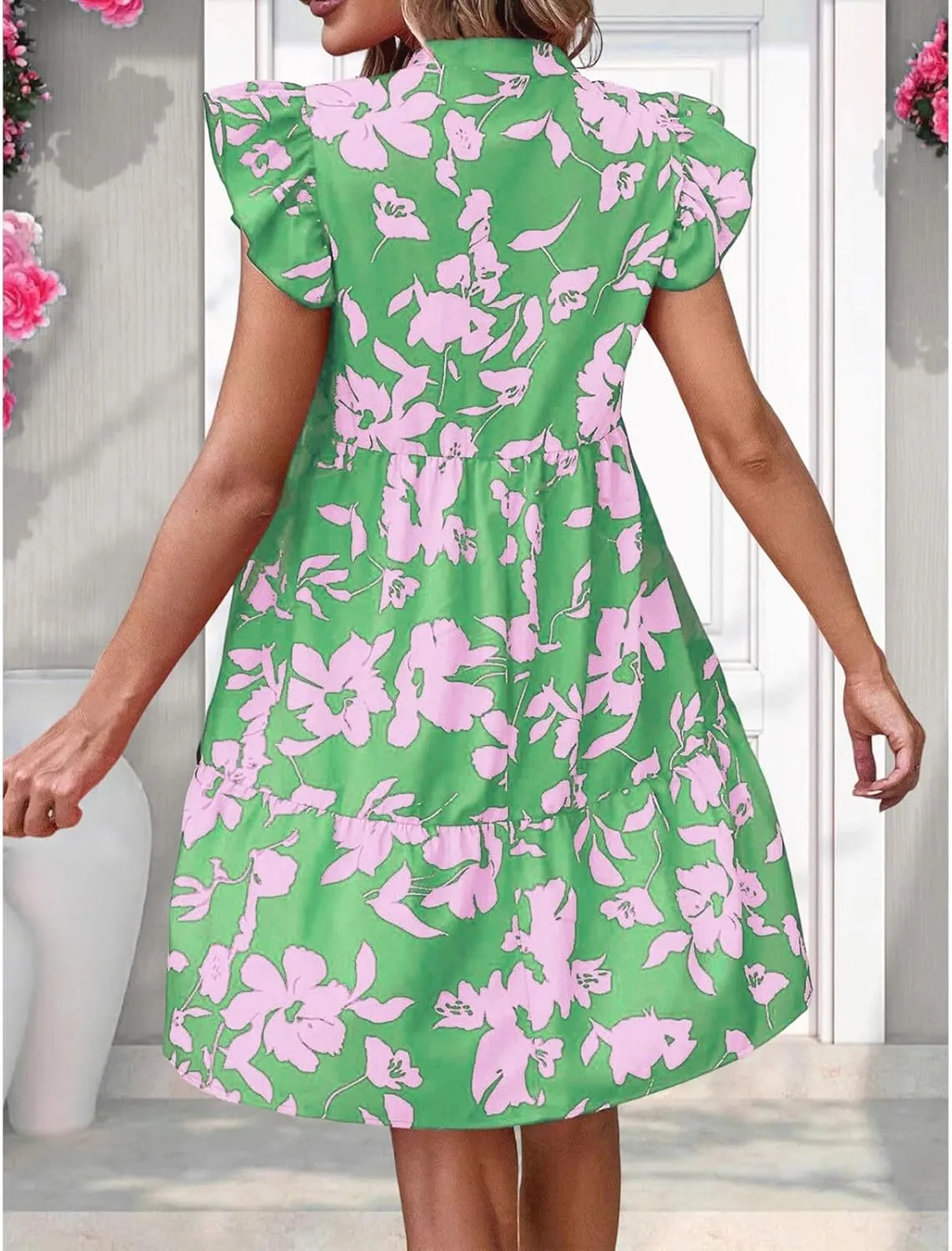 Floral Dresses for Women 2024 V Neck Ruffle Cap Sleeve Dress Trendy Babydoll Dress Smocked Short Dresses