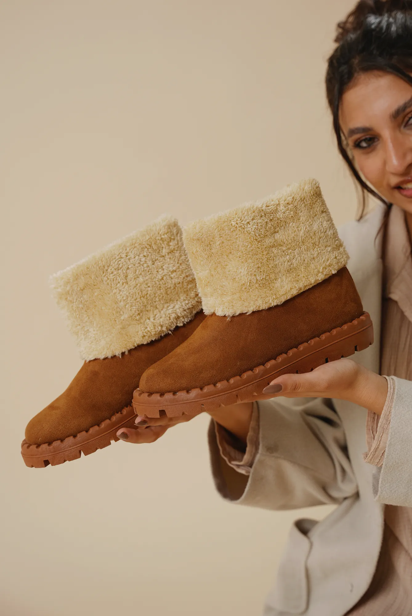 Fold-Over Sherpa-Lined Winter Boots - Camel