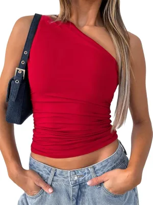 ForeFair Women One Shoulder Going Out Crop Tank Tops Slim Fit Sleeveless Shirts Y2k Cute Top