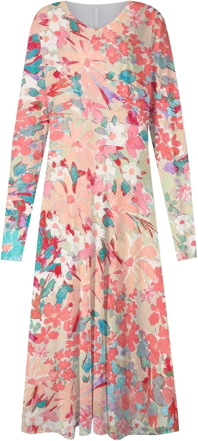 Formal Long Sleeve Midi Dress Sexy V Neck Fall Winter Elegant Vintage Floral Cute Trendy Smocked Flowy Party Dress
