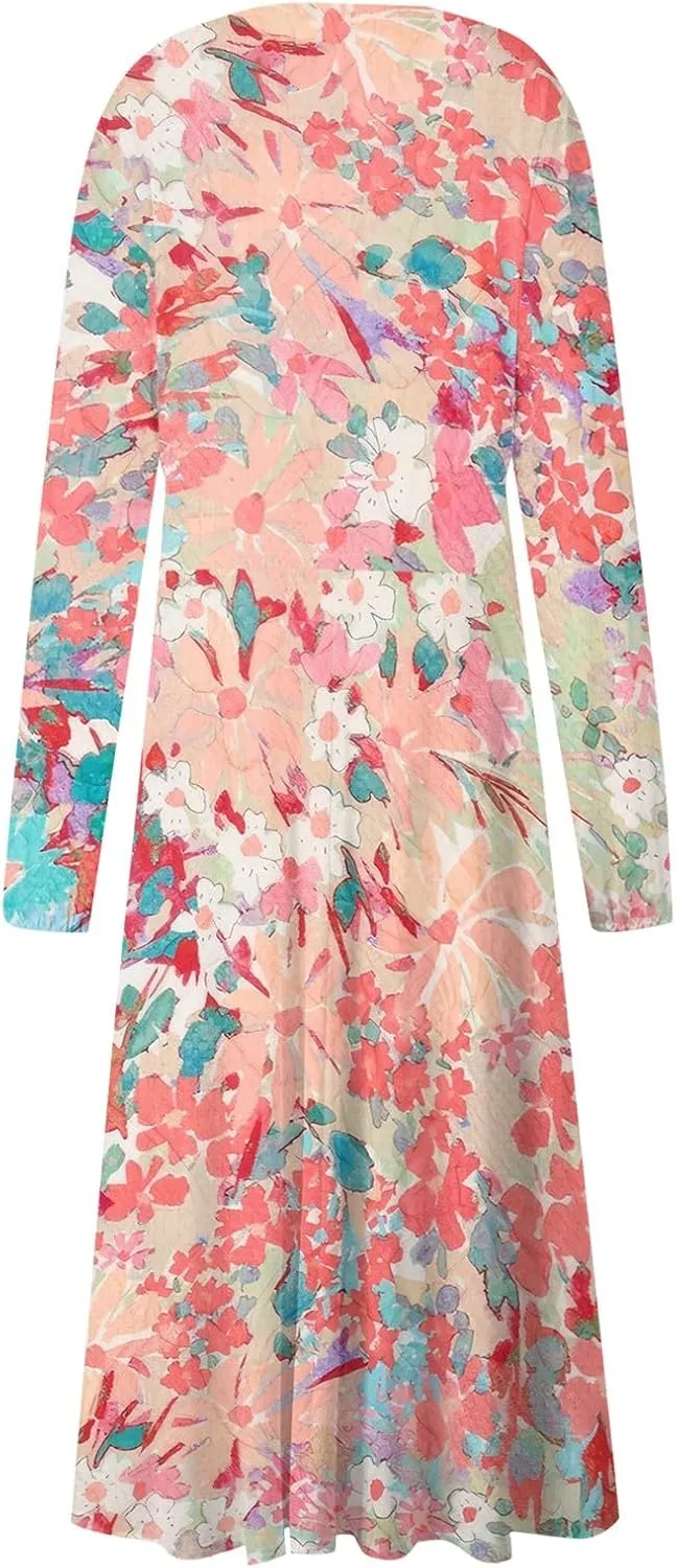Formal Long Sleeve Midi Dress Sexy V Neck Fall Winter Elegant Vintage Floral Cute Trendy Smocked Flowy Party Dress