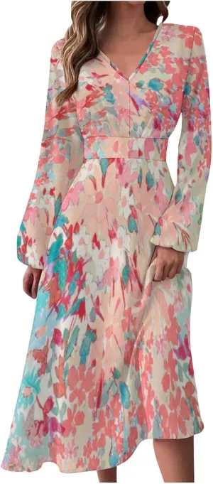 Formal Long Sleeve Midi Dress Sexy V Neck Fall Winter Elegant Vintage Floral Cute Trendy Smocked Flowy Party Dress