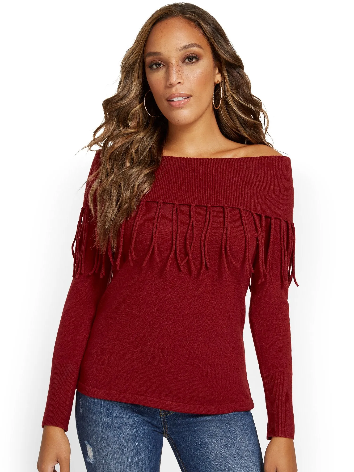 Fringe-Detail Off-The-Shoulder Sweater
