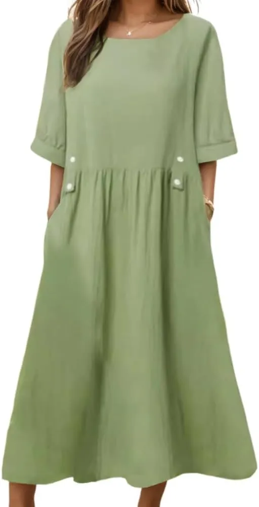 Geleglaer Women's Casual Loose Half Sleeve Cotton Linen Midi Dress Summer Side Button Beach Sundresses for Women 2025