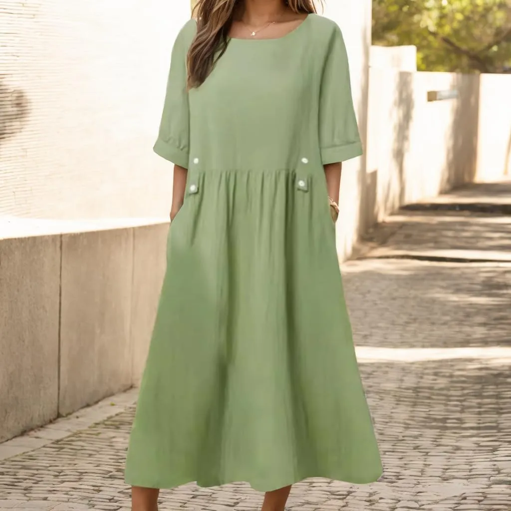 Geleglaer Women's Casual Loose Half Sleeve Cotton Linen Midi Dress Summer Side Button Beach Sundresses for Women 2025