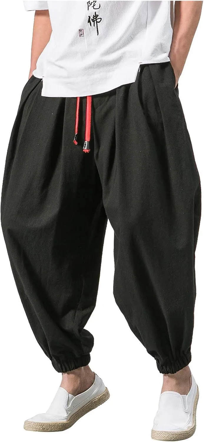 GIERIDUC Mens Cotton Linen Loose Pant Casual Long Pants Lightweight Flat-Front Summer Trousers Yoga Beach Pants for Men