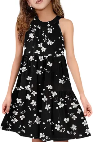 Girls Dresses Halter Neck Vintage Floral Sleeveless Girl Dress Casual Swing Smocked A Line Sundress Summer Dresses