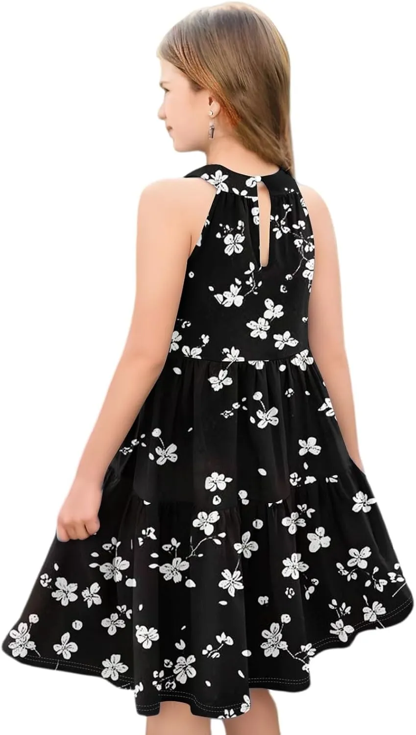 Girls Dresses Halter Neck Vintage Floral Sleeveless Girl Dress Casual Swing Smocked A Line Sundress Summer Dresses