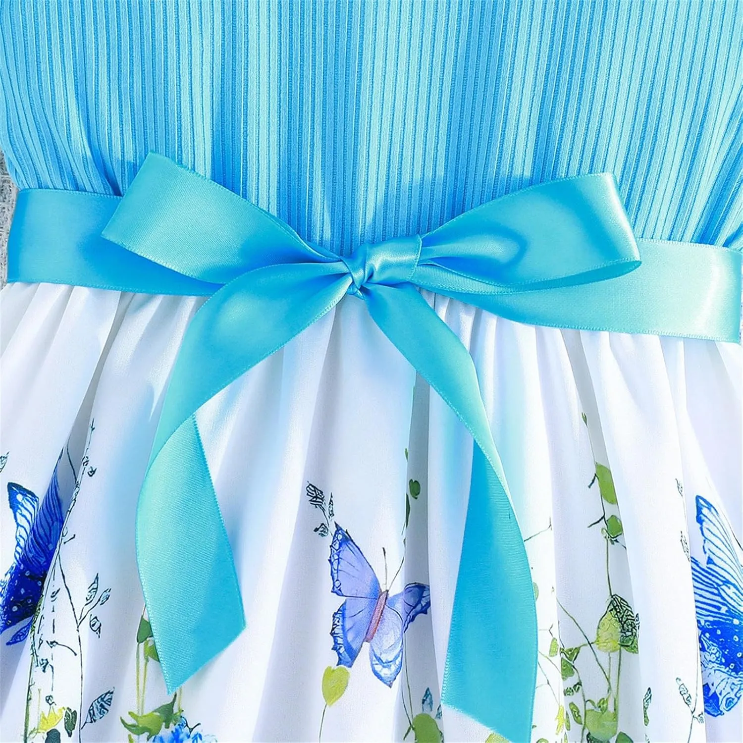 Girls Summer Dress Cute Ruffle Sleeve Crewneck Floral Print Bow Waisted Dresses A Line Birthday Party Dress 3-8 Years