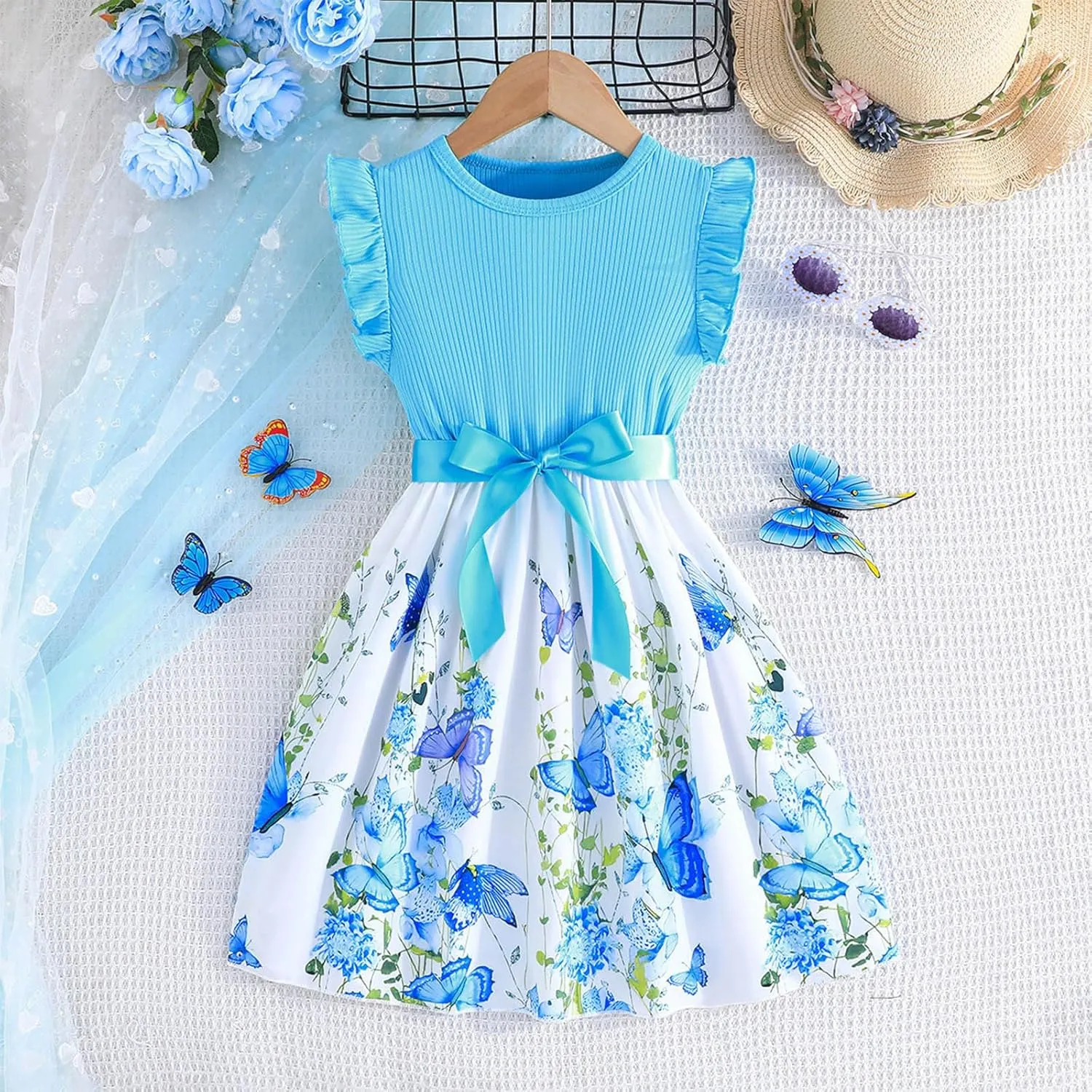 Girls Summer Dress Cute Ruffle Sleeve Crewneck Floral Print Bow Waisted Dresses A Line Birthday Party Dress 3-8 Years