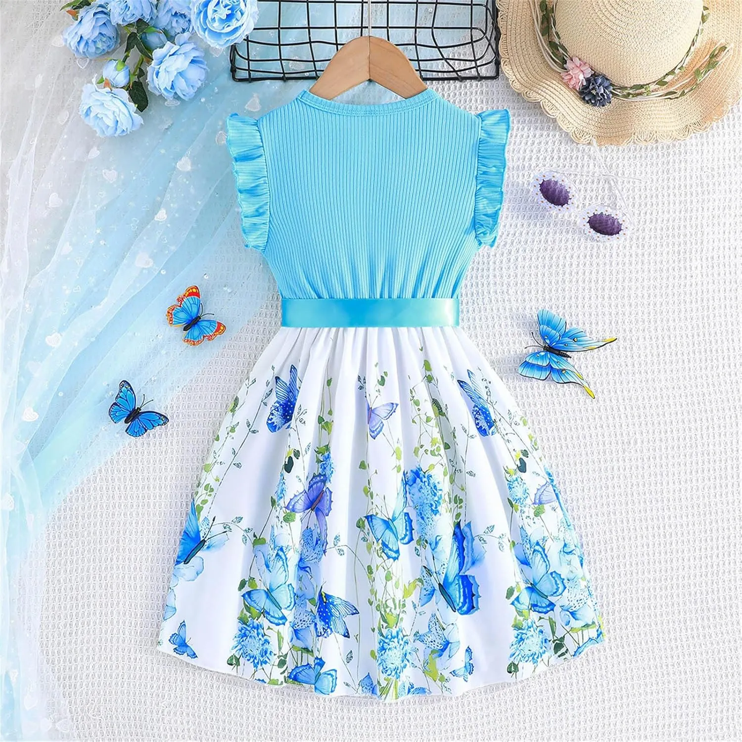 Girls Summer Dress Cute Ruffle Sleeve Crewneck Floral Print Bow Waisted Dresses A Line Birthday Party Dress 3-8 Years