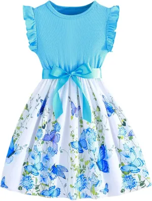 Girls Summer Dress Cute Ruffle Sleeve Crewneck Floral Print Bow Waisted Dresses A Line Birthday Party Dress 3-8 Years
