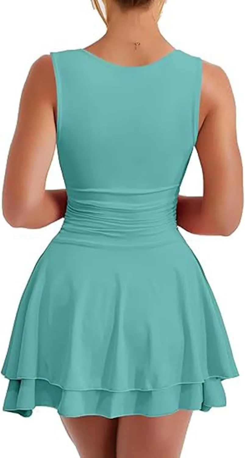 Going Out Dresses for Women Square Neck Ruffle Hem Mini Dress Ruched Waist Short Party Dresses Beach Vacation Outfits