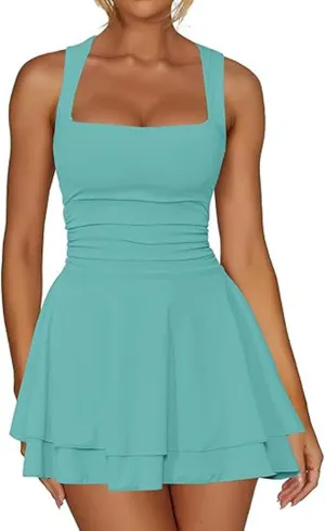 Going Out Dresses for Women Square Neck Ruffle Hem Mini Dress Ruched Waist Short Party Dresses Beach Vacation Outfits