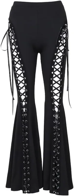 Goth Pants Lace Up Bell Bottom Black Flare Leggings Lace Mall Gothic Punk Rave Pants Alt Aesthetic Grunge