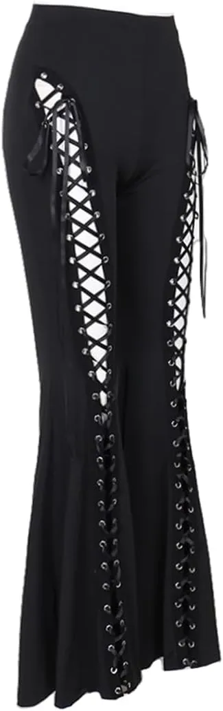 Goth Pants Lace Up Bell Bottom Black Flare Leggings Lace Mall Gothic Punk Rave Pants Alt Aesthetic Grunge