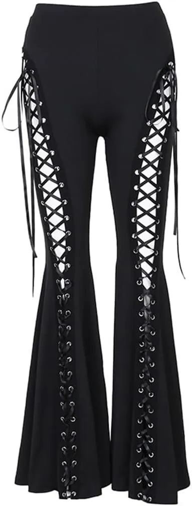 Goth Pants Lace Up Bell Bottom Black Flare Leggings Lace Mall Gothic Punk Rave Pants Alt Aesthetic Grunge