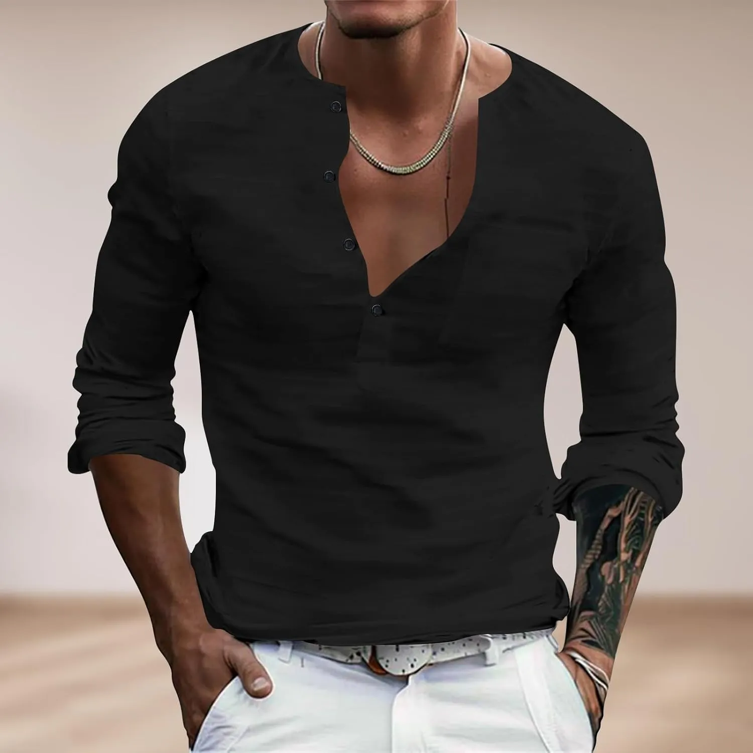 Henley Shirts for Men Long Sleeve Fitted Cotton Summer Casual V Neck Work Soft T Shirts Beach Vacation Basic Tees