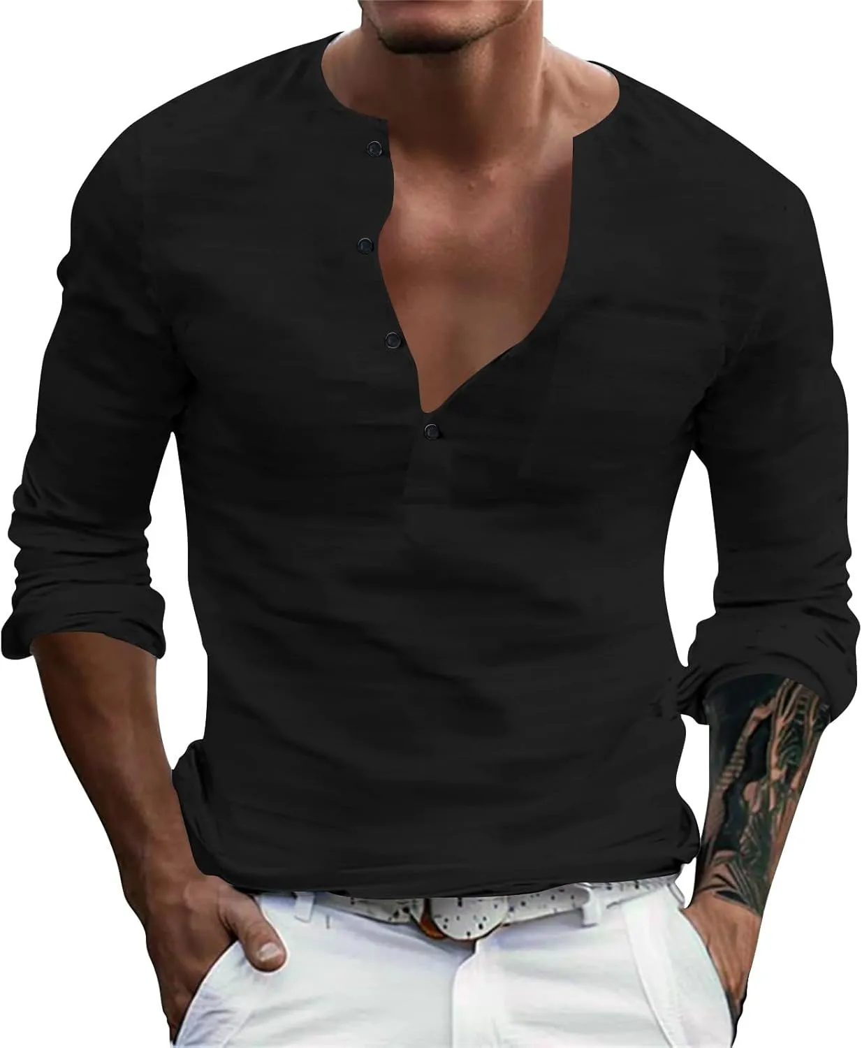 Henley Shirts for Men Long Sleeve Fitted Cotton Summer Casual V Neck Work Soft T Shirts Beach Vacation Basic Tees