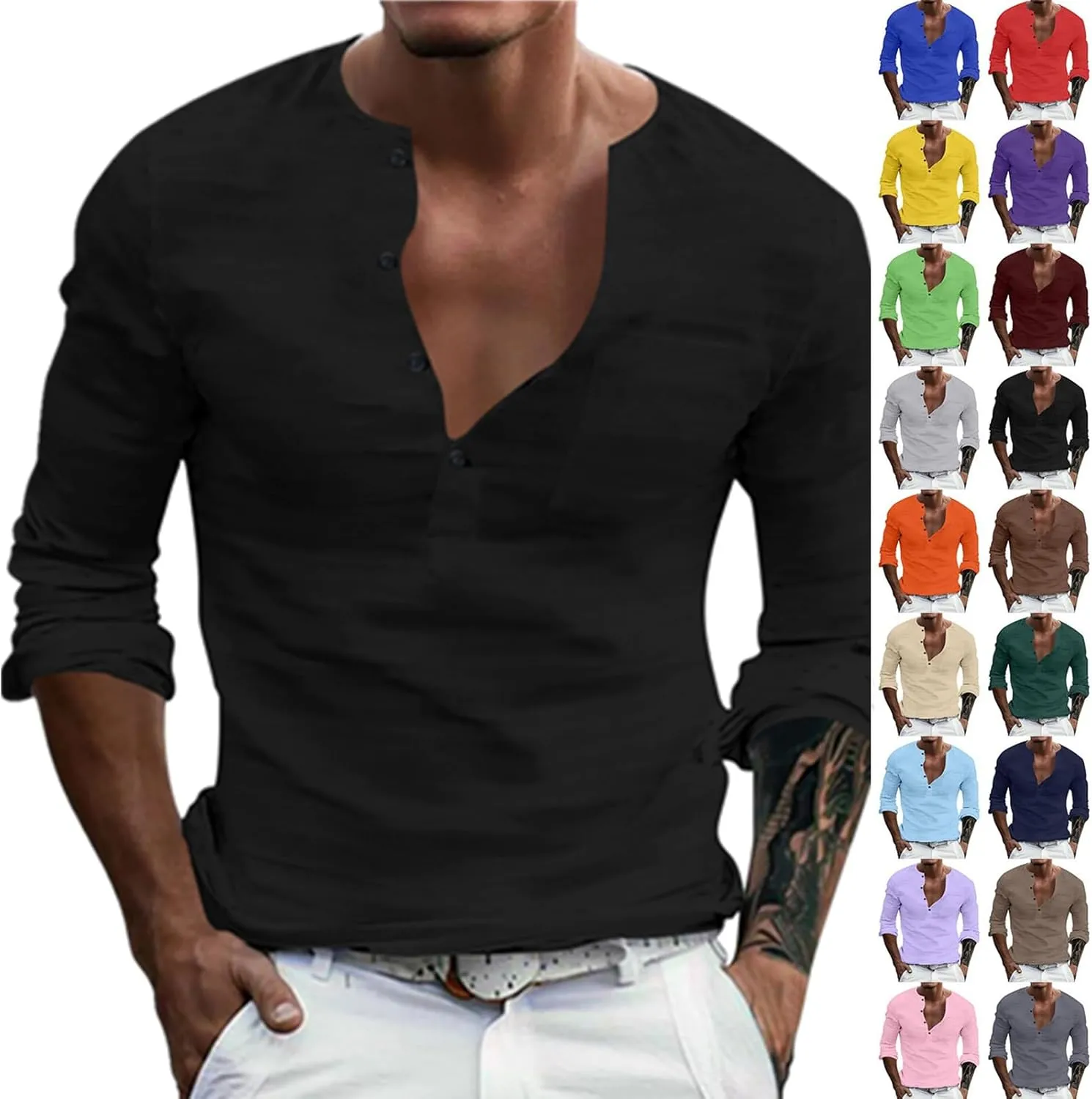 Henley Shirts for Men Long Sleeve Fitted Cotton Summer Casual V Neck Work Soft T Shirts Beach Vacation Basic Tees