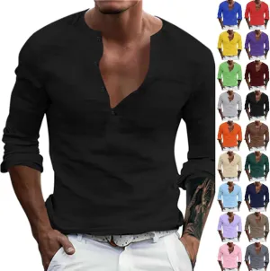 Henley Shirts for Men Long Sleeve Fitted Cotton Summer Casual V Neck Work Soft T Shirts Beach Vacation Basic Tees