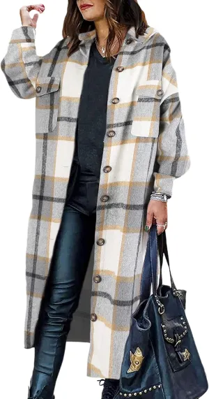 Himosyber Women's Casual Plaid Lapel Woolen Button Up Pocketed Long Shacket Coat