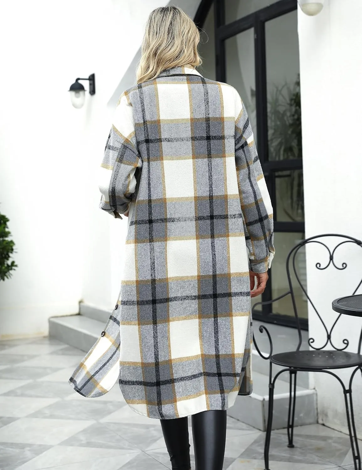 Himosyber Women's Casual Plaid Lapel Woolen Button Up Pocketed Long Shacket Coat