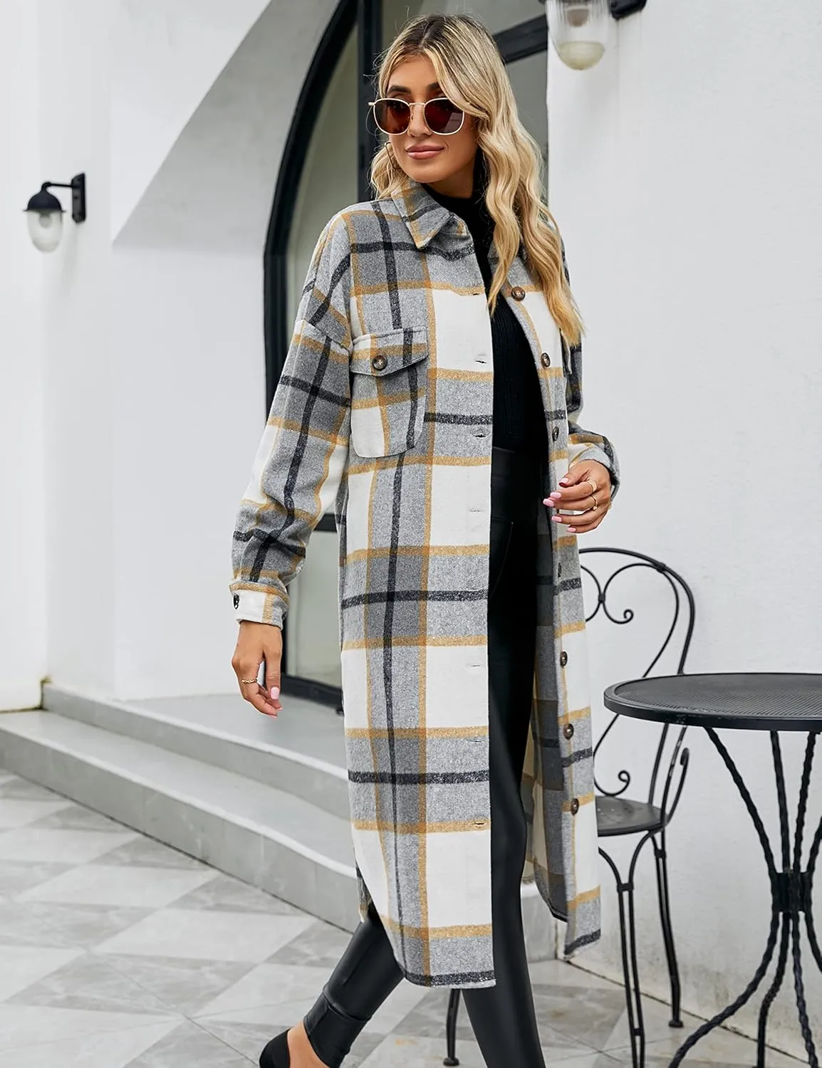 Himosyber Women's Casual Plaid Lapel Woolen Button Up Pocketed Long Shacket Coat